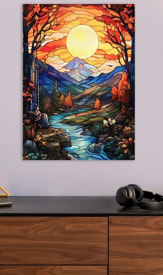Stained Glass Autumn Landscape with River — metal poster wall art by Lineer